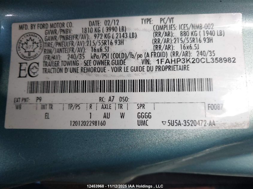 2012 Ford Focus Se VIN: 1FAHP3K20CL358982 Lot: 12453968