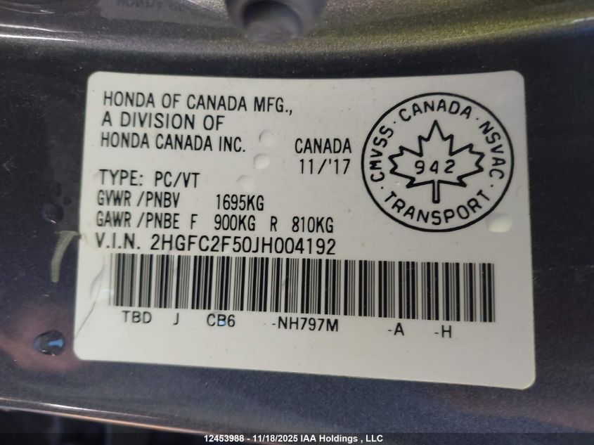 2018 Honda Civic Lx VIN: 2HGFC2F50JH004192 Lot: 12453988
