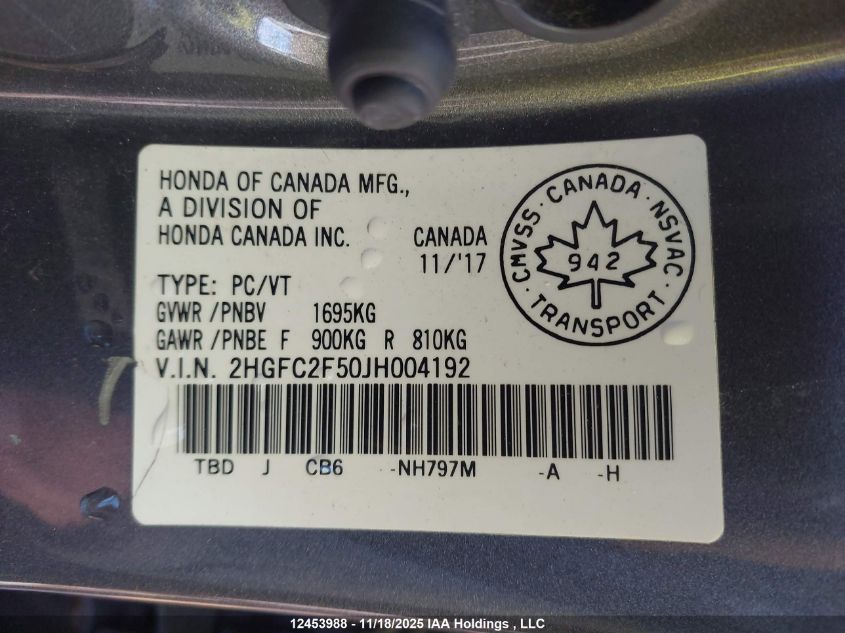 2018 Honda Civic Lx VIN: 2HGFC2F50JH004192 Lot: 12453988