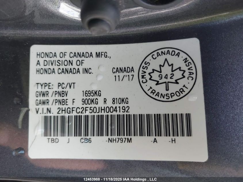 2018 Honda Civic Lx VIN: 2HGFC2F50JH004192 Lot: 12453988