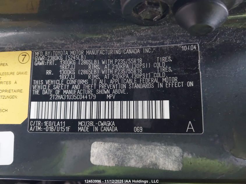 2005 Lexus Rx 330 VIN: 2T2HA31U35C044179 Lot: 12453996