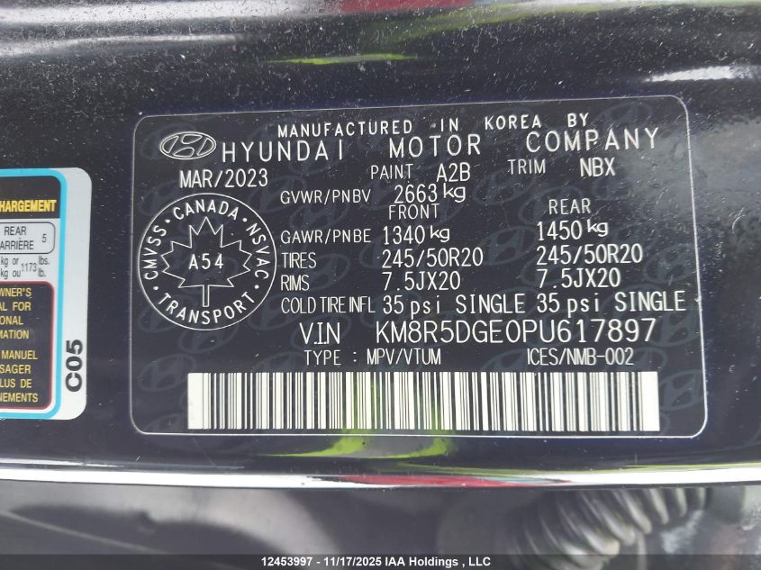 2023 Hyundai Palisade VIN: KM8R5DGE0PU617897 Lot: 12453997