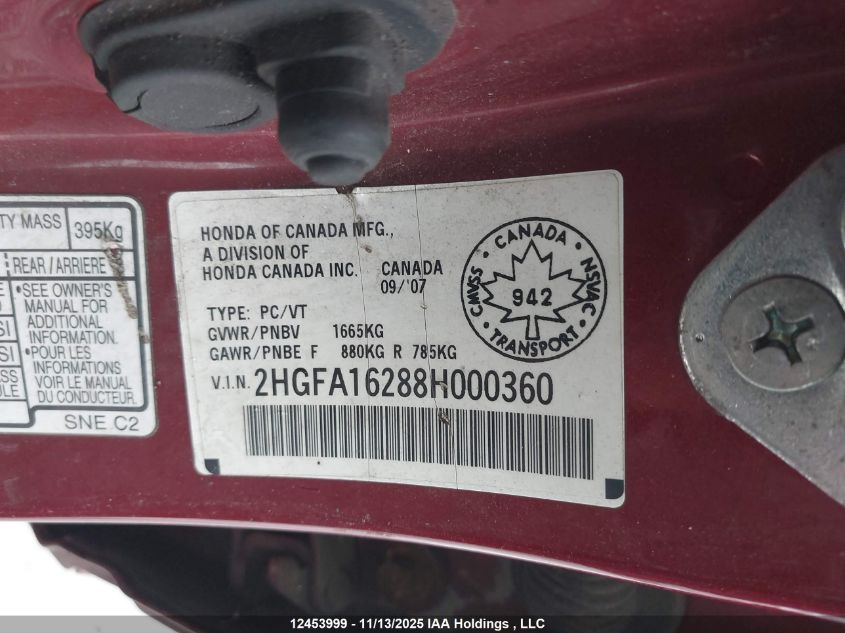 2008 Honda Civic Dx VIN: 2HGFA16288H000360 Lot: 12453999