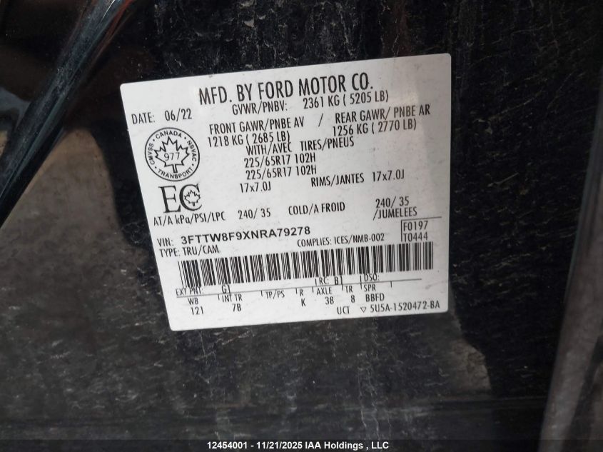 2022 Ford Maverick Xl/Xlt/Lariat VIN: 3FTTW8F9XNRA79278 Lot: 12454001