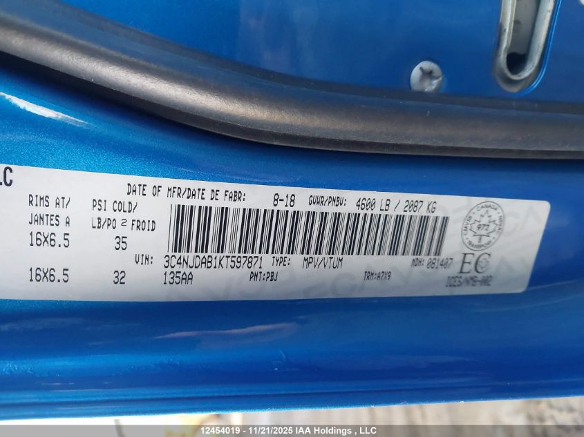 2019 Jeep Compass Sport VIN: 3C4NJDAB1KT597871 Lot: 12454019