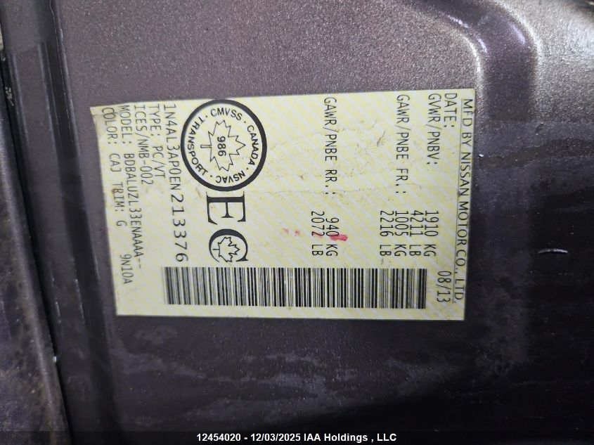 2014 Nissan Altima 2.5/S/Sv/Sl VIN: 1N4AL3AP0EN213376 Lot: 12454020