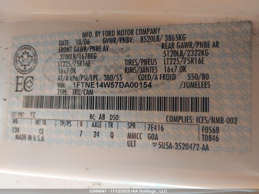 2007 Ford Econoline E150 Van VIN: 1FTNE14W57DA00154 Lot: 12454041