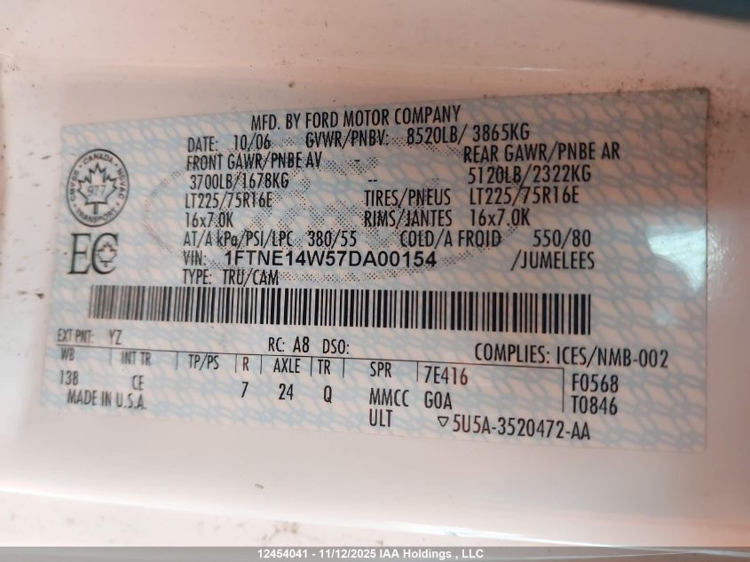 2007 Ford Econoline E150 Van VIN: 1FTNE14W57DA00154 Lot: 12454041