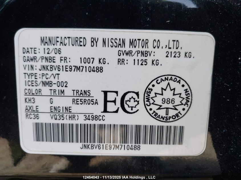 2007 Infiniti G35 Journey VIN: JNKBV61E97M710488 Lot: 12454043