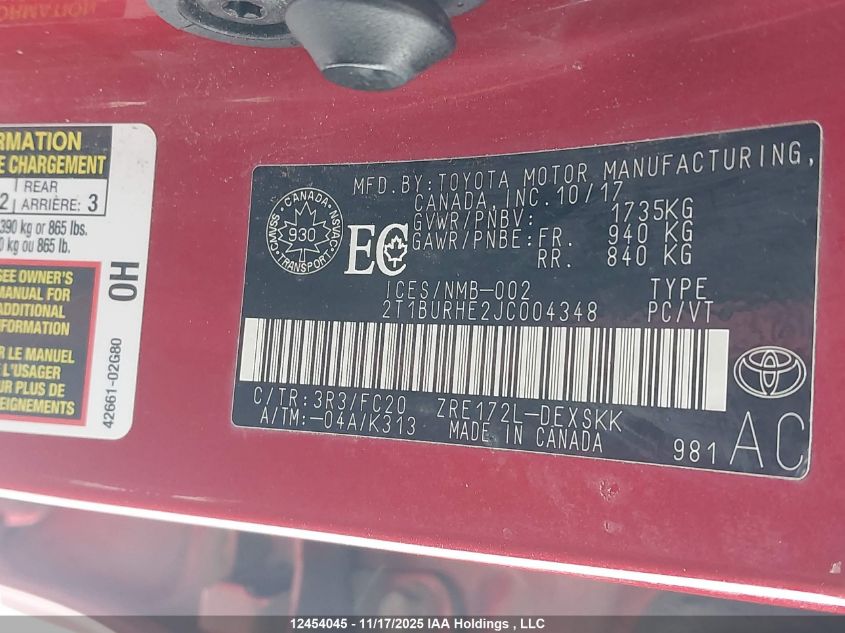 2018 Toyota Corolla Se VIN: 2T1BURHE2JC004348 Lot: 12454045