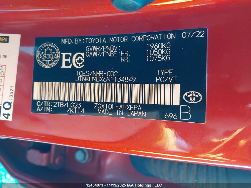 2022 Toyota C-Hr Limited VIN: JTNKHMBX6N1134849 Lot: 12454073