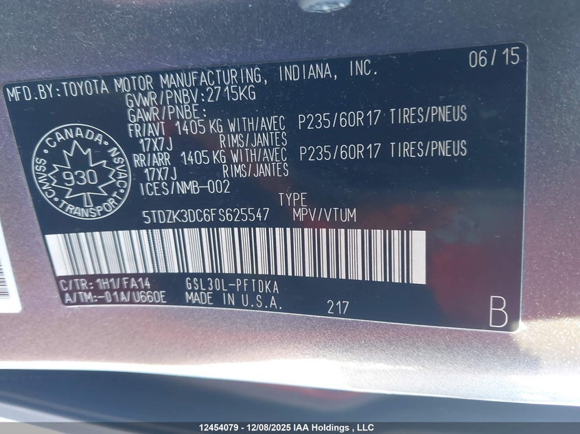 5TDZK3DC6FS625547 2015 TOYOTA SIENNA photo no. 9