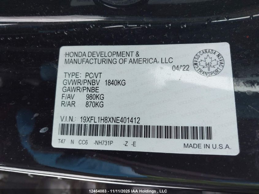 2022 Honda Civic Sport/Sport Touring VIN: 19XFL1H8XNE401412 Lot: 12454083