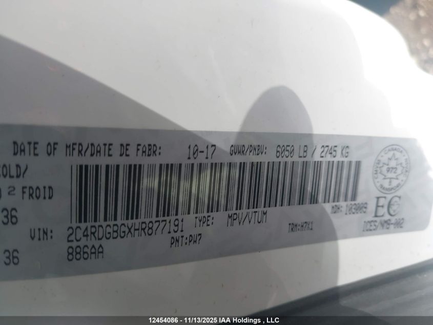 2017 Dodge Grand Caravan Se VIN: 2C4RDGBGXHR877191 Lot: 12454086