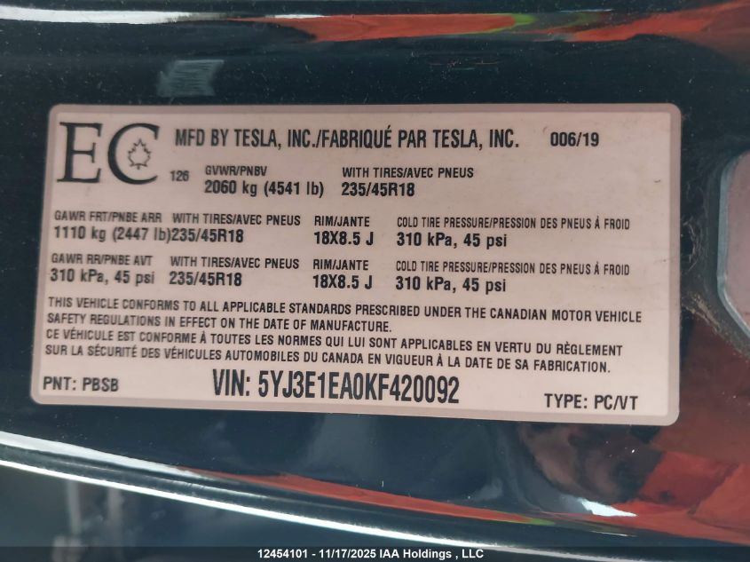 2019 Tesla Model 3 Long Range/Mid Range/Standard Range/Standard Range Plus VIN: 5YJ3E1EA0KF420092 Lot: 12454101