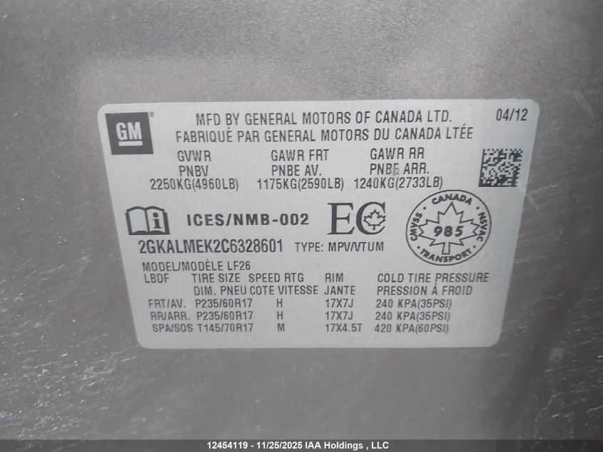 2012 GMC Terrain Sle-1 VIN: 2GKALMEK2C6328601 Lot: 12454119