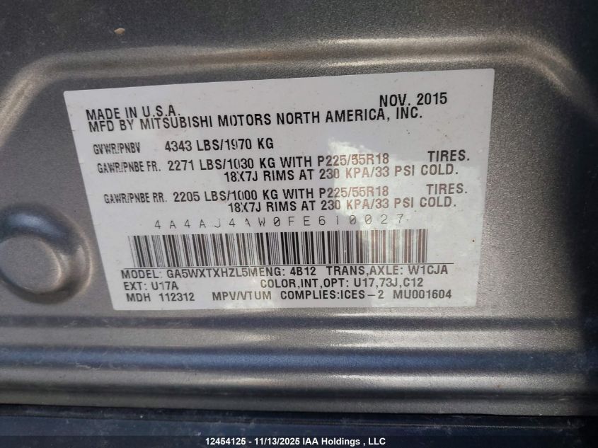 2015 Mitsubishi Rvr Gt VIN: 4A4AJ4AW0FE610027 Lot: 12454125