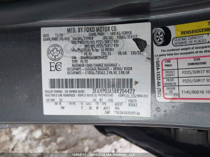 2011 Ford Fusion Sel VIN: 3FAHP0JA5BR204422 Lot: 12454137