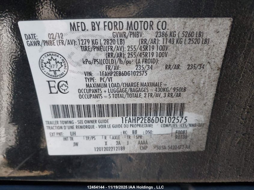 2013 Ford Taurus Sel VIN: 1FAHP2E86DG102575 Lot: 12454144