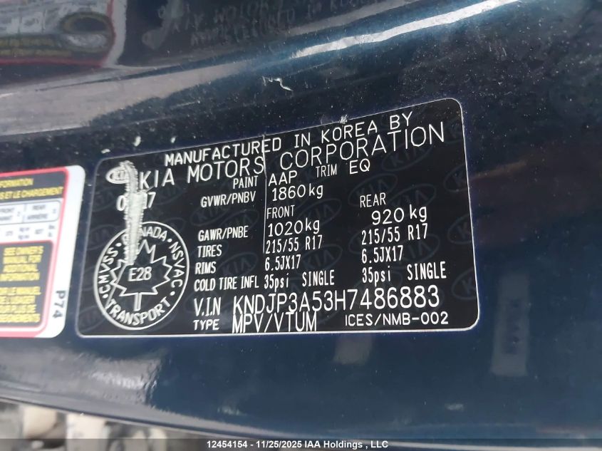 2017 Kia Soul + VIN: KNDJP3A53H7486883 Lot: 12454154