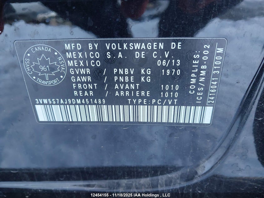 2013 Volkswagen Jetta Gli VIN: 3VW5S7AJ9DM451489 Lot: 12454155