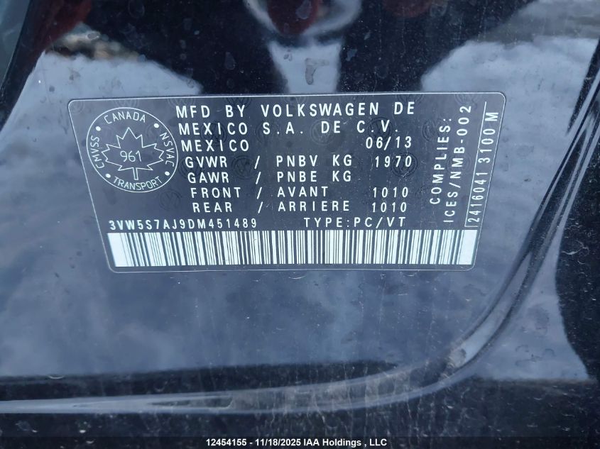 2013 Volkswagen Jetta Gli VIN: 3VW5S7AJ9DM451489 Lot: 12454155