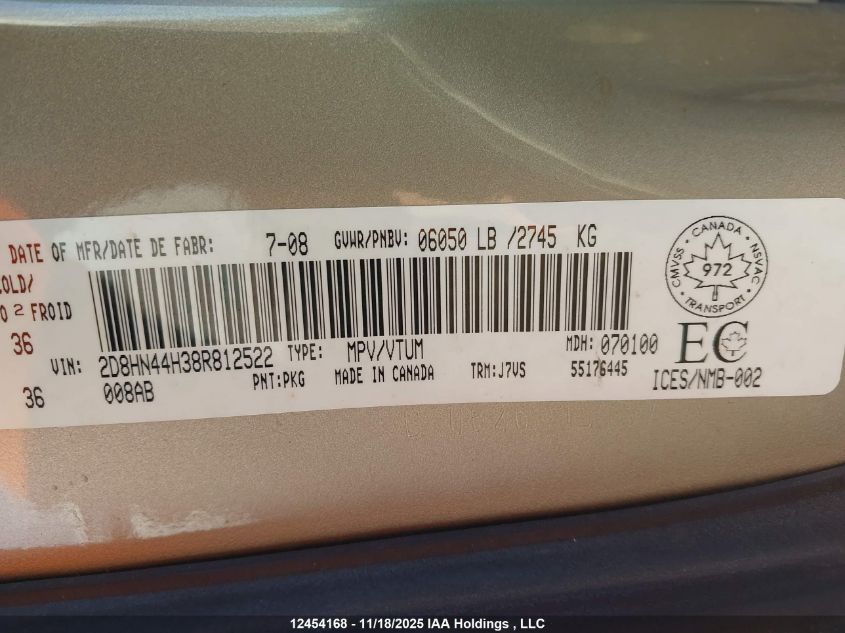 2008 Dodge Grand Caravan Se VIN: 2D8HN44H38R812522 Lot: 12454168