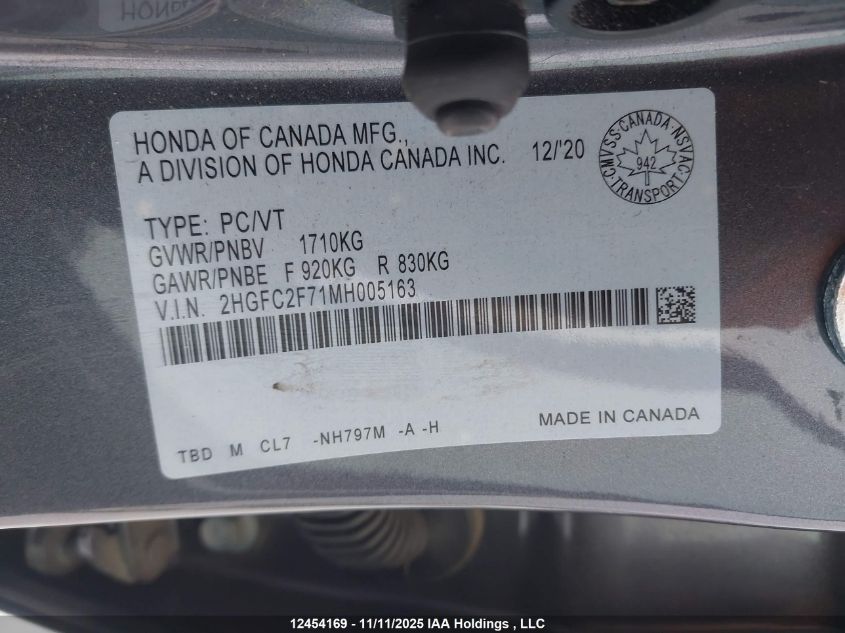 2021 Honda Civic Ex 4Dr VIN: 2HGFC2F71MH005163 Lot: 12454169