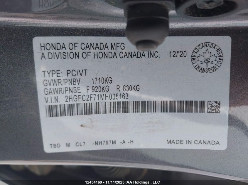 2021 Honda Civic Ex 4Dr VIN: 2HGFC2F71MH005163 Lot: 12454169