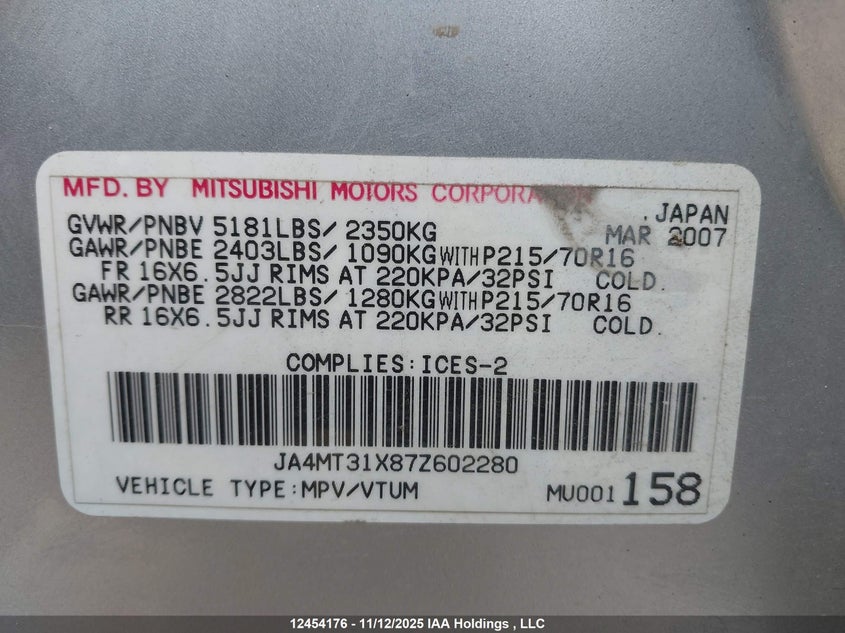 2007 Mitsubishi Outlander Ls VIN: JA4MT31X87Z602280 Lot: 12454176