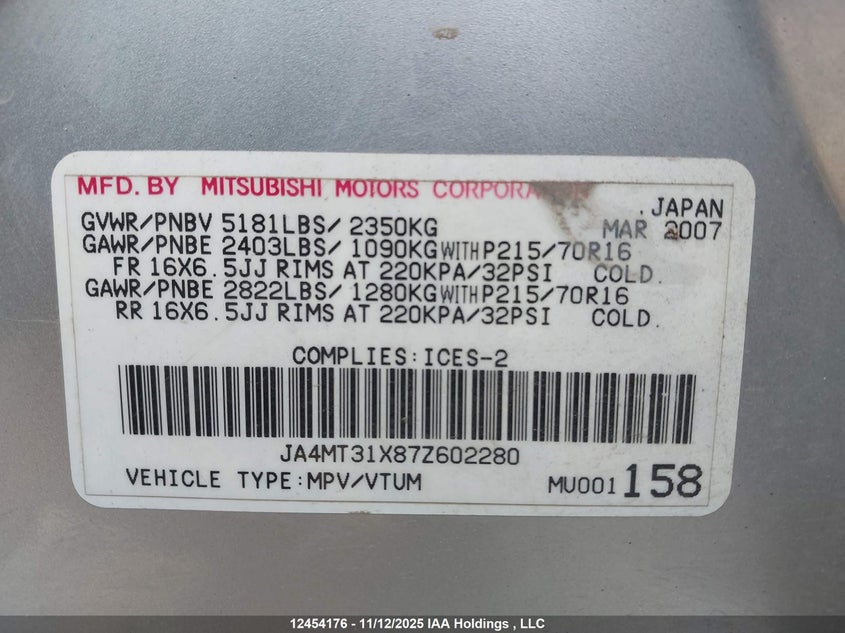 2007 Mitsubishi Outlander Ls VIN: JA4MT31X87Z602280 Lot: 12454176
