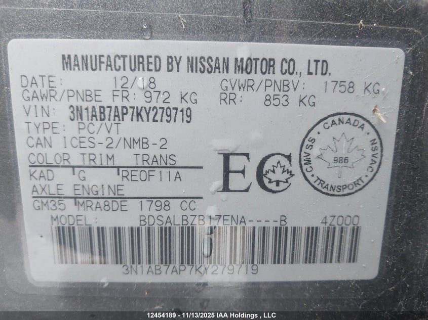 2019 Nissan Sentra VIN: 3N1AB7AP7KY279719 Lot: 12454189