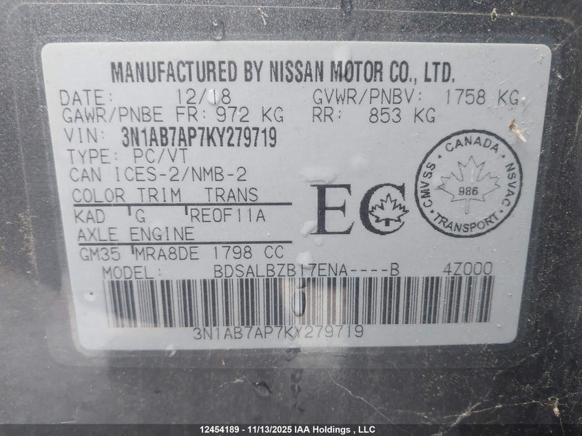 2019 Nissan Sentra VIN: 3N1AB7AP7KY279719 Lot: 12454189