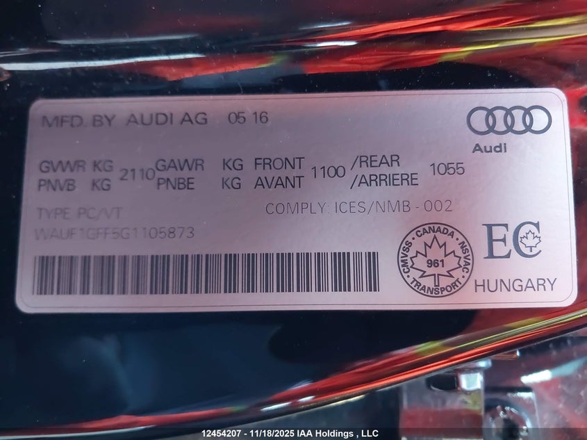 2016 Audi S3 Prestige VIN: WAUF1GFF5G1105873 Lot: 12454207