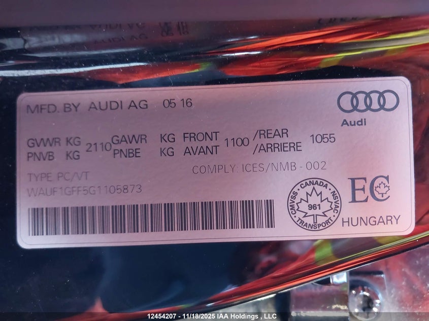 2016 Audi S3 Prestige VIN: WAUF1GFF5G1105873 Lot: 12454207