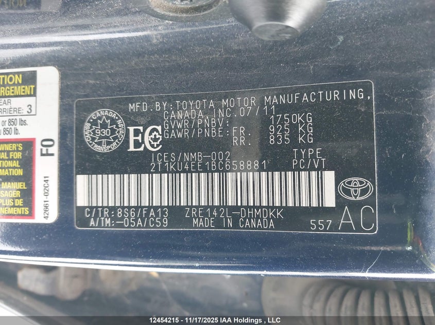 2011 Toyota Matrix VIN: 2T1KU4EE1BC658881 Lot: 12454215