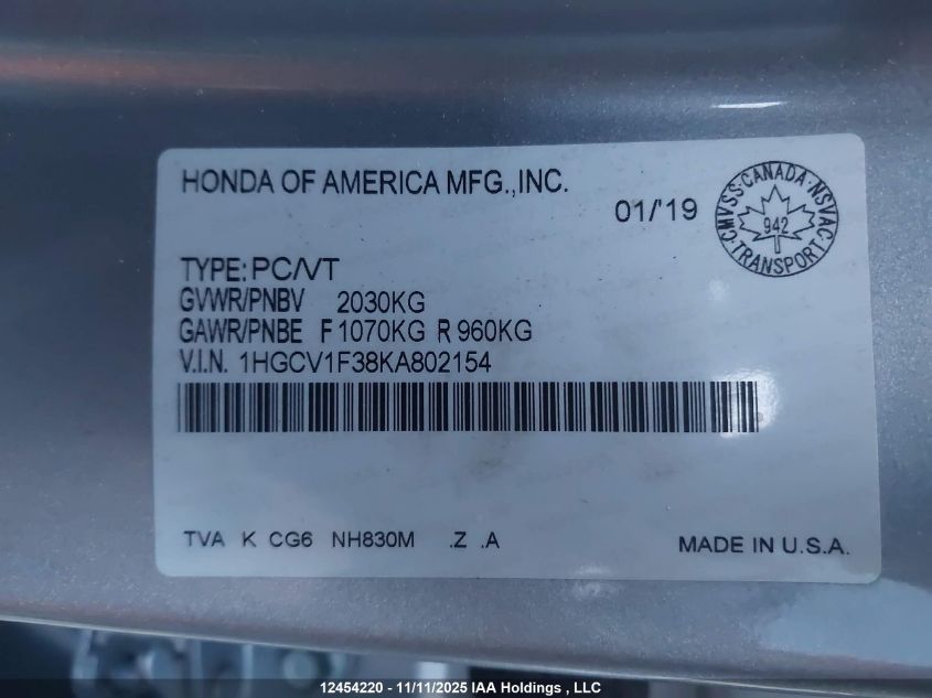 2019 Honda Accord Sport VIN: 1HGCV1F38KA802154 Lot: 12454220