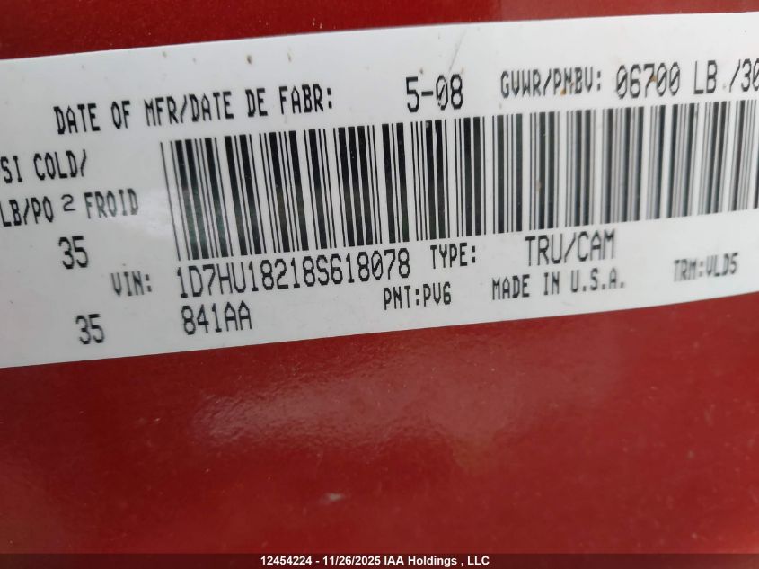 2008 Dodge Ram 1500 St/Slt VIN: 1D7HU18218S618078 Lot: 12454224