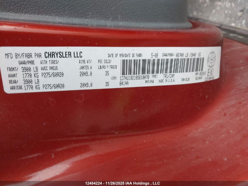 2008 Dodge Ram 1500 St/Slt VIN: 1D7HU18218S618078 Lot: 12454224