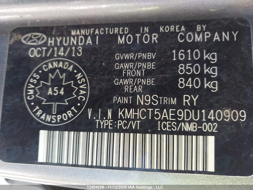 2013 Hyundai Accent Gl VIN: KMHCT5AE9DU140909 Lot: 12454226