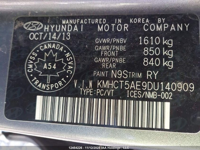 2013 Hyundai Accent Gl VIN: KMHCT5AE9DU140909 Lot: 12454226