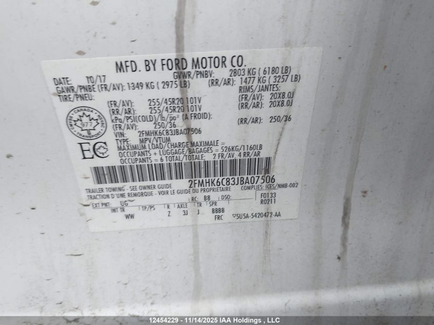 2018 Ford Flex Sel VIN: 2FMHK6C83JBA07506 Lot: 12454229