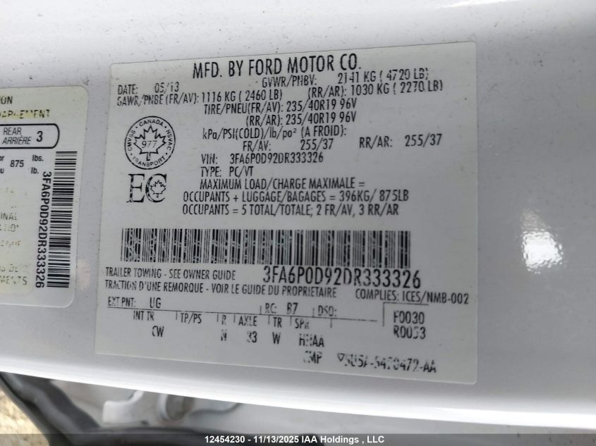 2013 Ford Fusion Titanium VIN: 3FA6P0D92DR333326 Lot: 12454230