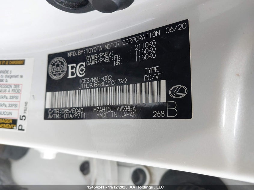 2020 Lexus Ux 250H VIN: JTHL9JBH8L2031399 Lot: 12454241