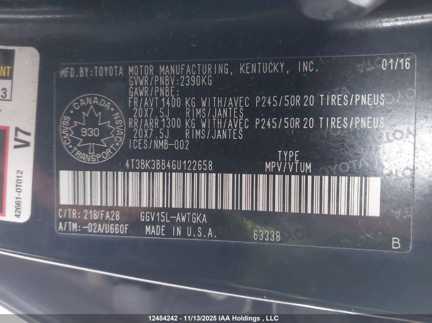 2016 Toyota Venza Base V6 VIN: 4T3BK3BB4GU122658 Lot: 12454242