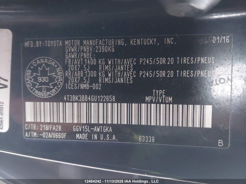 2016 Toyota Venza Base V6 VIN: 4T3BK3BB4GU122658 Lot: 12454242