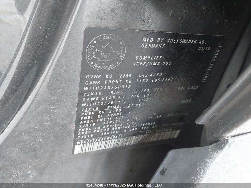 2014 Volkswagen Tiguan S/Se/Sel/R-Line VIN: WVGJV3AXXEW584197 Lot: 12454248