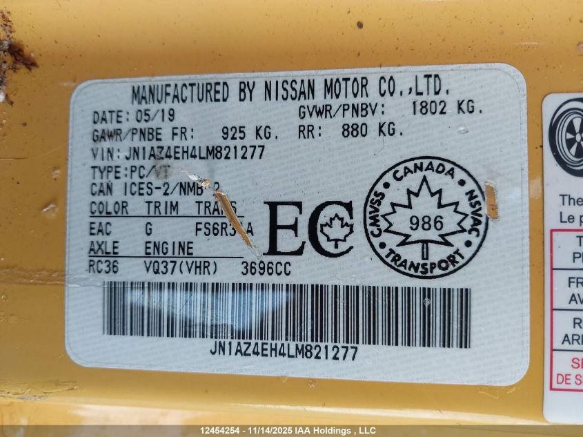 2020 Nissan 370Z Nismo/Sport/Sport Touring VIN: JN1AZ4EH4LM821277 Lot: 12454254