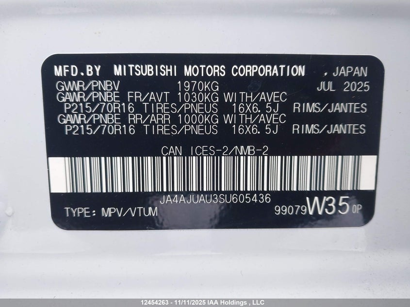 2025 Mitsubishi Rvr Es VIN: JA4AJUAU3SU605436 Lot: 12454263