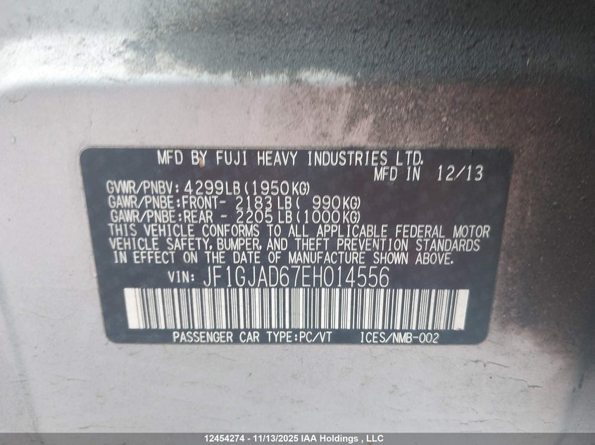 2014 Subaru Impreza Premium VIN: JF1GJAD67EH014556 Lot: 12454274